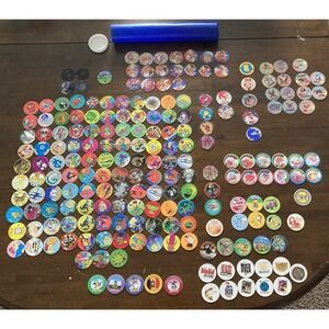 Vintage 90's POGS Huge Lot 200+ NFL, Star Wars, Simpsons, Sonic, and More w/tube